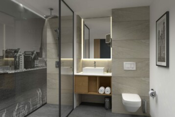 Bad mit modern Design. Dusche, Waschbecken mit SPiegel der von hinten beleuchtet ist und Toillete in Grau und Beigetönen