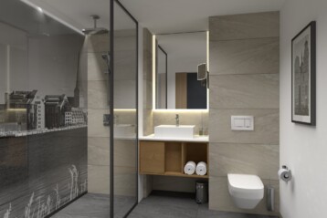 Bad mit modern Design. Dusche, Waschbecken mit SPiegel der von hinten beleuchtet ist und Toillete in Grau und Beigetönen